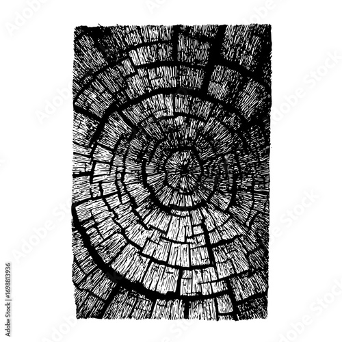 Close up view of tree rings showing the age and growth patterns in a black and white rendering style