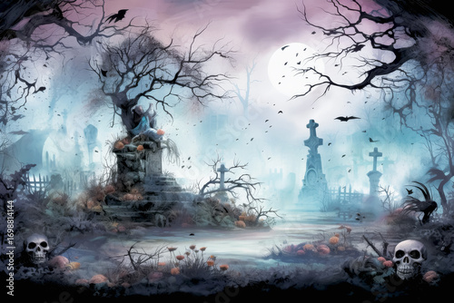 Elaborate Halloween greeting card illustration featuring misty graveyard with skulls and bats