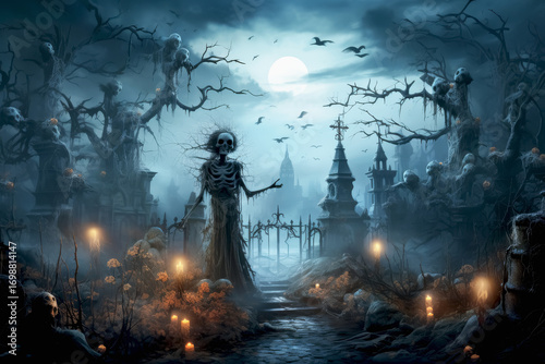 Elaborate Halloween greeting card featuring a spooky graveyard scene with skeletons and eerie ambiance