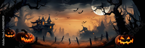 Spooky Halloween landscape with haunted house, pumpkins, bats, and eerie moonlight ambiance. Banner