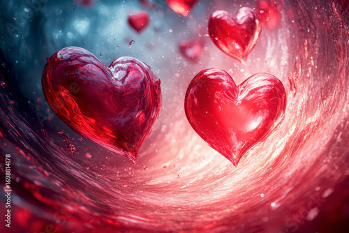 Swirling hearts in vibrant colors creating a dynamic and emotional background atmosphere