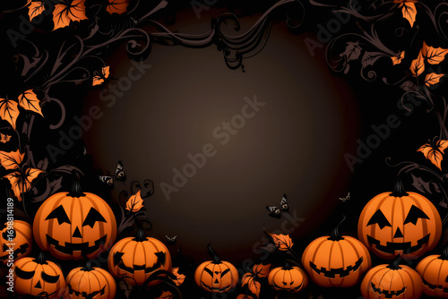 Halloween card design featuring orange pumpkins and black background with ample copy space