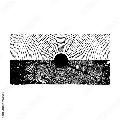 Black and white woodcut style image depicting a cross section of a tree trunk with visible growth rings