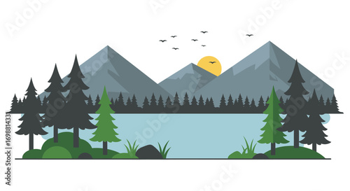 a serene landscape with mountains lake trees and flying birds