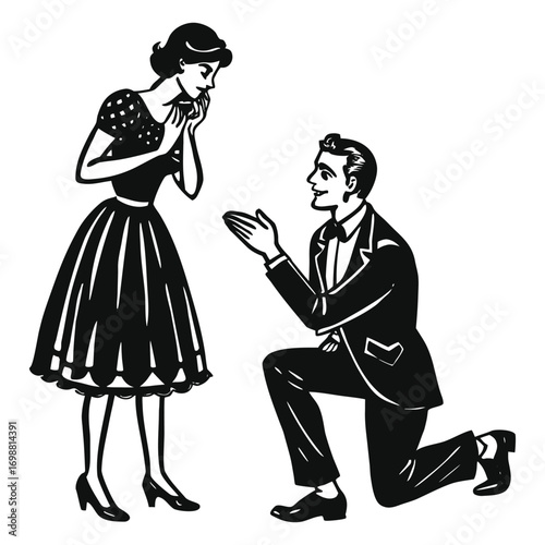 Vector art of man on one knee proposing to surprised woman, retro illustration style