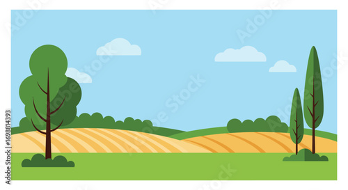 a serene landscape with rolling hills trees and fluffy clouds