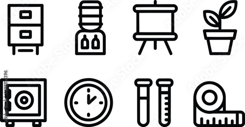 Office Essentials Set an Array of Organized Work Tools Filing Cabinet Water Dispenser Easel Plant Safe Clock and Lab Equipment