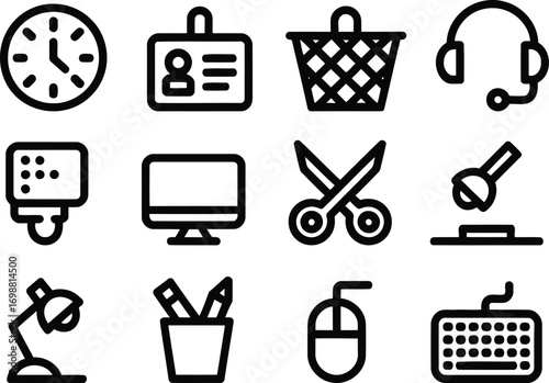Office Workspace Essentials Flat Icons Depicting Productivity Workstation Workplace Equipment and Necessities for Enhanced Focus and Professional Efficiency at Workplace