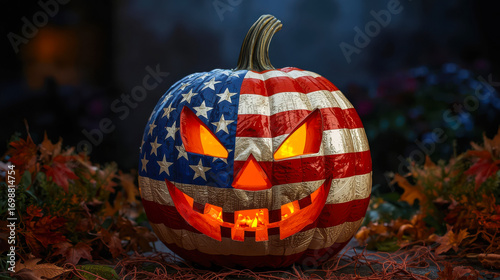 Unique pumpkin sculpture featuring American flag design for Halloween