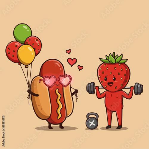 Nerd Hotdog with Strawberry Balloons Ignored by Fitness Strawberry Vector
