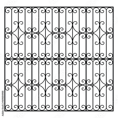 Ornate wrought iron window gate design, decorative metalwork scrolls