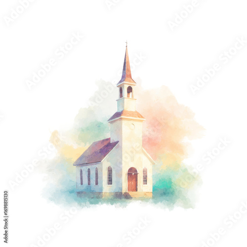 Watercolor painting of a quaint country church with steeple and colorful sky