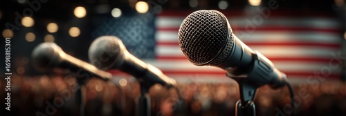 Multiple microphones positioned in front of an audience during a political speech with an American flag backdrop