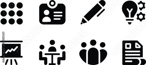 Collection of Business and Office Icons Depicting Teamwork, Ideas, Planning, and Organization Representing Various Aspects of Professional Work and Collaboration