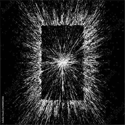Abstract black and white image featuring a central starburst effect within a rectangular frame design