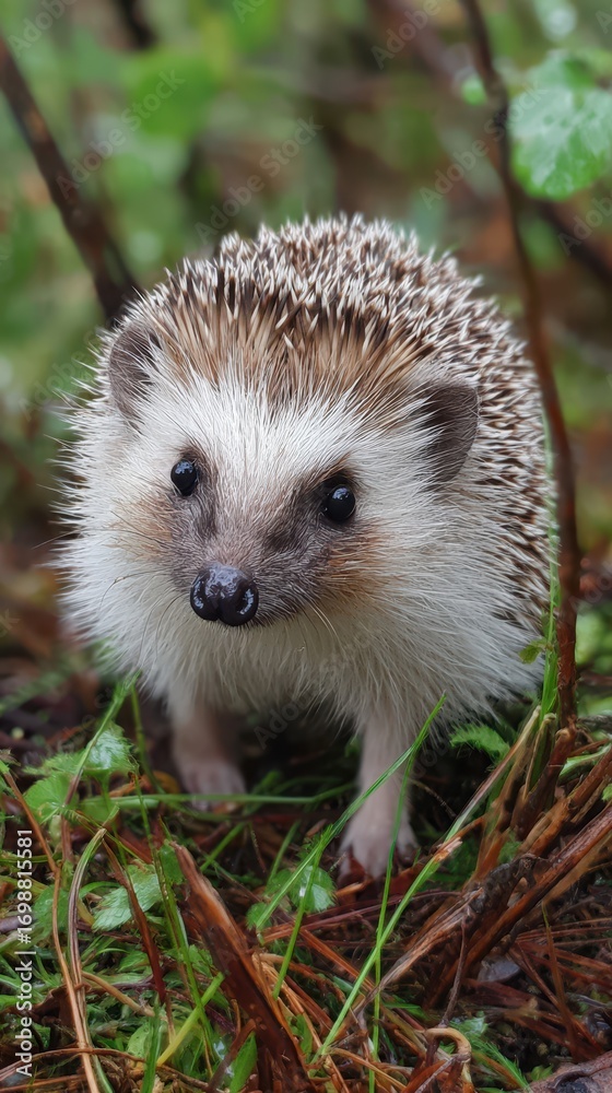 Fototapeta premium Cute hedgehog foraging in lush greenery during a sunny afternoon in a woodland area