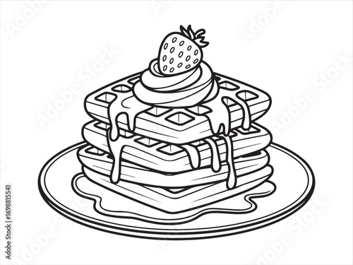 Hand drawn line art of stacked waffles with syrup, cream, and fruit topping on plate