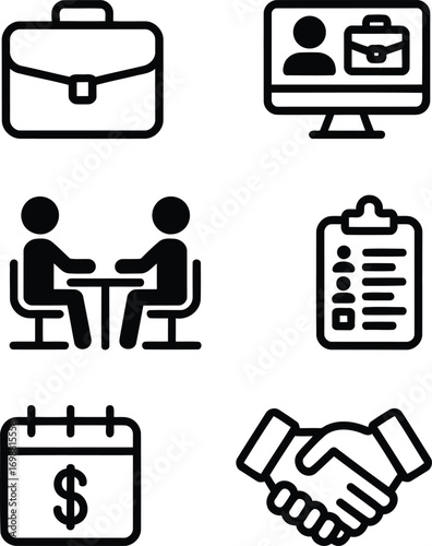 Visual Representation of Business Interactions A Collection of Icons Depicting Key Aspects of Professional Engagements and Financial Planning Strategies