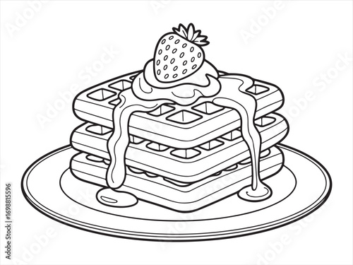 Waffle illustration with strawberry and whipped cream in black and white outline for coloring pages