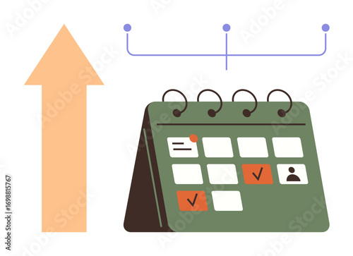 Open desk calendar with marked dates, orange upward arrow, and connecting diagram. Ideal for scheduling, planning, growth, productivity, deadlines organization efficiency. A simple flat metaphor