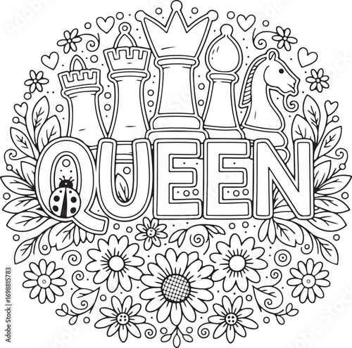 Black and white line art mandala with queen chess pieces and flowers coloring page