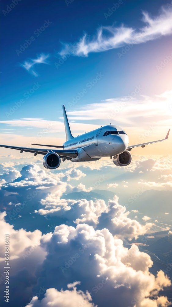 Obraz premium Airplane soaring through clouds at sunset