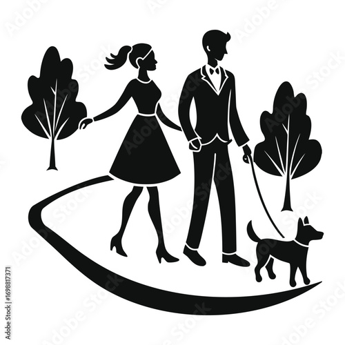 Vector art of silhouette of a couple walking their dog in a park with trees