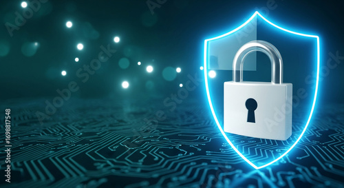 Wallpaper Mural Cybersecurity image: Padlock inside glowing shield on circuit board background, symbolizing digital protection and data security Torontodigital.ca