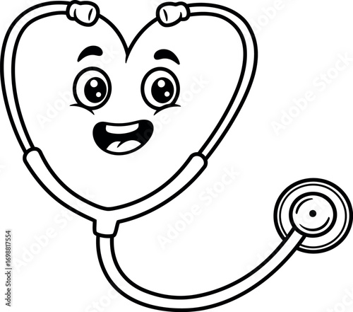 Black and white cartoon stethoscope with a heart shaped head and a smiling face illustration
