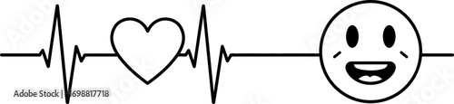 A heart beat line with a heart shape and a happy face emoji on a white background in black and white