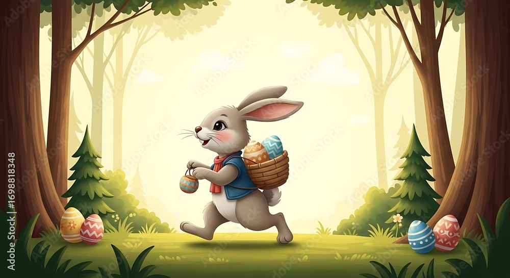 Naklejka premium Whimsical easter illustration featuring a bunny delivering eggs in a sunlit forest