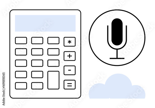 Calculator with tactile buttons, microphone suggesting voice commands, and cloud symbolizing storage or connectivity. Ideal for technology, voice control, cloud service, innovation, accounting