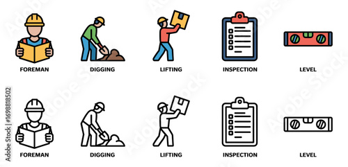 personnel and actions icon set with foreman, digging, lifting, inspection and level symbols, vector illustrations for construction workers and site activities
