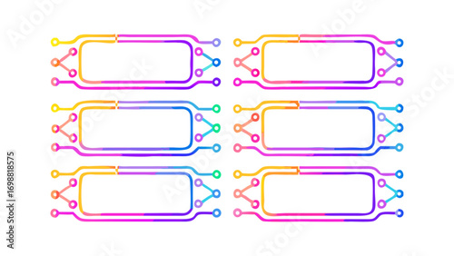 Six colorful abstract circuit board frames with rounded rectangles and connected nodes in a pattern