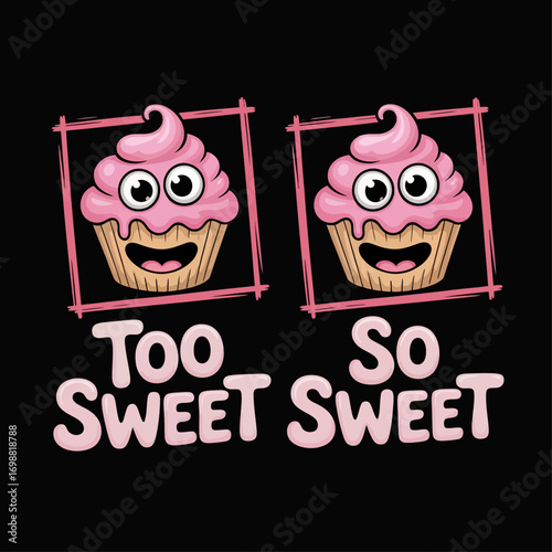 Featuring two identical, playfully smooshed cupcakes rendered inside bright bubblegum pink hand-drawn squares with dripping pink frosting.