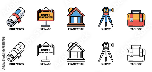 planning and structures icon set with blueprints, signage, framework, survey and toolbox symbols, vector illustrations for architectural design and construction management