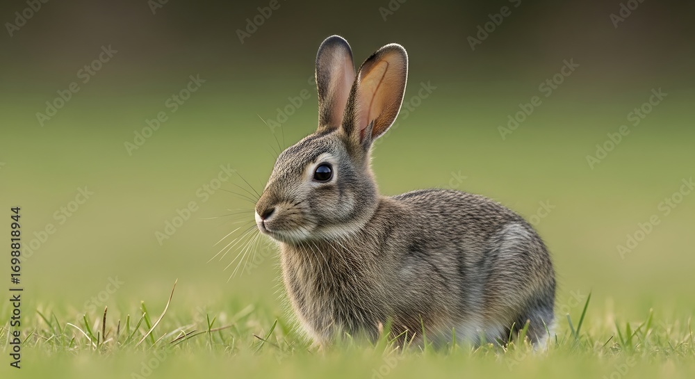 Fototapeta premium Rabbit in the green grass field.