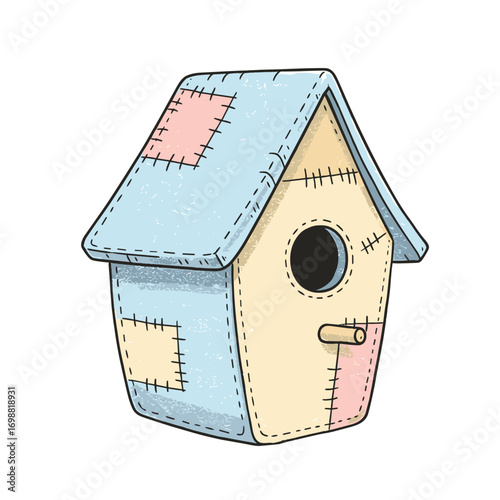 Colorful patchwork birdhouse with a circular entrance and stitched design  