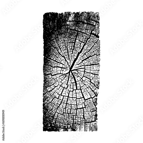 A detailed black and white image of a cross section of a tree trunk showing the growth rings and texture