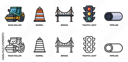 roadwork and infrastructure icon set with road roller, barrel, bridge, traffic light and pipeline symbols, vector illustrations for civil engineering