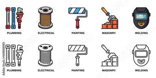 specialized trades icon set with plumbing, electrical, painting, masonry and welding symbols, vector illustrations for skilled construction labor