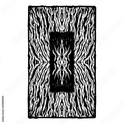 Abstract black and white rectangular design with symmetrical patterns and central dark rectangle shape