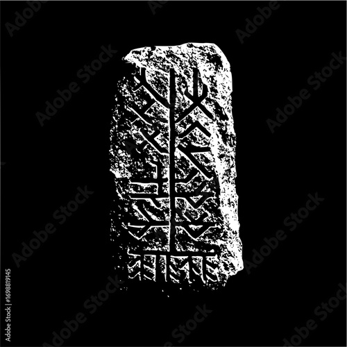 Illustration of a white stone tablet with ancient runes carved into its surface on a black background image