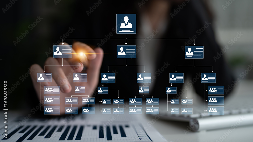 Fototapeta premium Corporate org chart and team structure show hierarchy, team, and structure for clear organization, management, and operational planning Latch