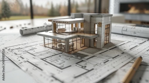 Architectural plan with a house design on top of a blueprints, perfect for real estate, construction or design purposes