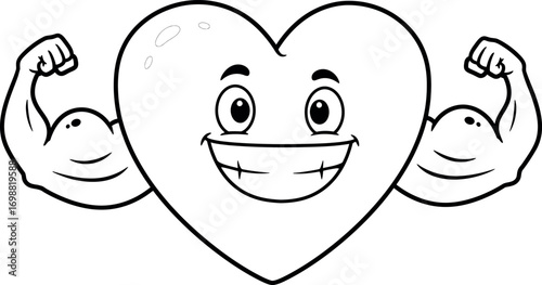 Cartoon heart with muscular arms flexing in black and white outline on a white background illustration