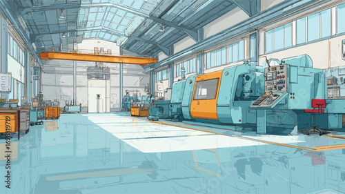 Spacious industrial workshop interior with large machinery under bright natural light for manufacturing and engineering marketing visuals.

