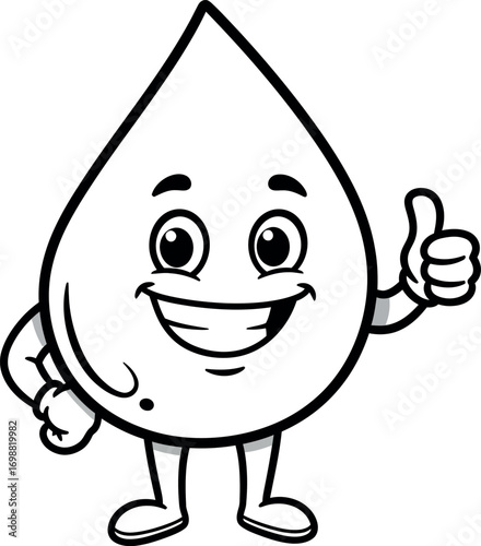 A cartoon water drop character giving a thumbs up in a black and white line drawing illustration