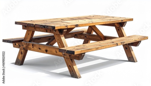 Wooden picnic table with benches—natural finish and sturdy design for outdoor dining and gatherings.