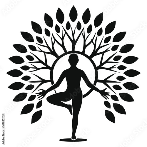 Vector art of silhouette of a person in a yoga tree pose with a tree of life design